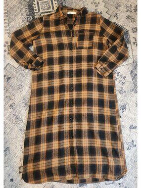 CECIL McBEE Women's Sz. L Tan & Black Flannel Midi Button Up Dress